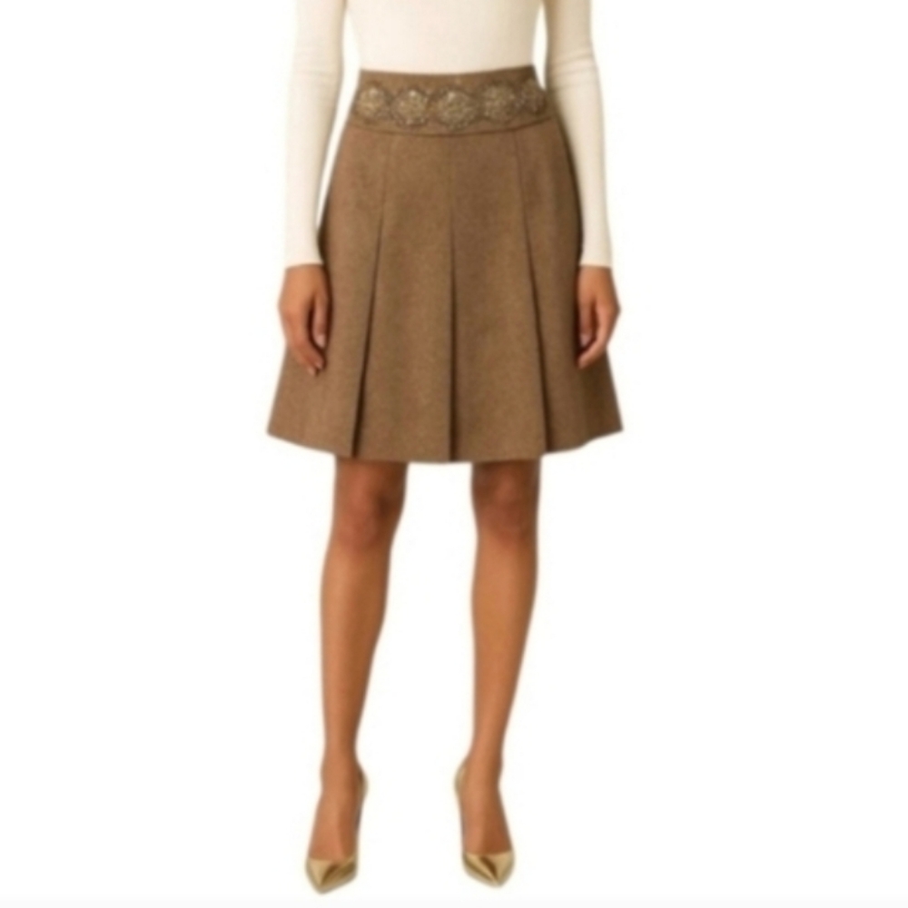 Loft Wool Brown Floral Gold Tweed Pleat Skirt 6 Tan